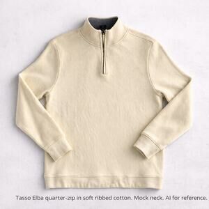 Tasso Elba Men’s Quarter Zip Pullover Sweater Cream Ribbed Cotton Size L